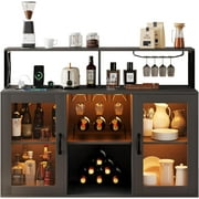 Homhougo Wine Bar Cabinet with Wine Rack Glass Holder Coffee Bar Storage Cabinet, Sideboard Freestanding Liquor Cabinet Bar for Home Kitchen Living Room, Office, Dining Room with LED Lights