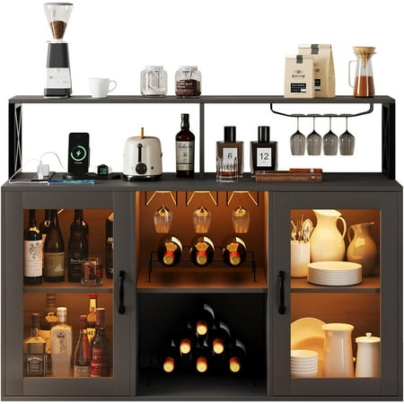 Homhougo Wine Bar Cabinet with Wine Rack Glass Holder Coffee Bar Storage Cabinet, Sideboard Freestanding Liquor Cabinet Bar for Home Kitchen Living Room, Office, Dining Room with LED Lights