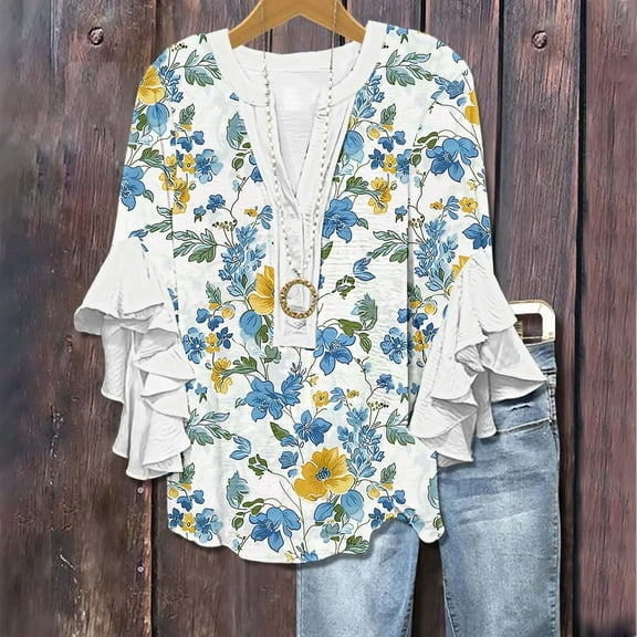 Abomasnow Boho Tops for Women Dressy Casual Floral Print Ruffle 3/4 Sleeve Shirts Lightweight Button Down V Neck Blouses Summer Spring Tops 2025