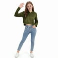 thumbnail image 4 of IVEYRTF Girls Zip Up Cropped Hoodie Long Sleeve Casual Sweatshirts with Pockets Lightweight Soft Comfortable Breathable Stretchy Classic Hooded Solid Color for Everyday Wear(Army Green#1,11 Years), 4 of 8