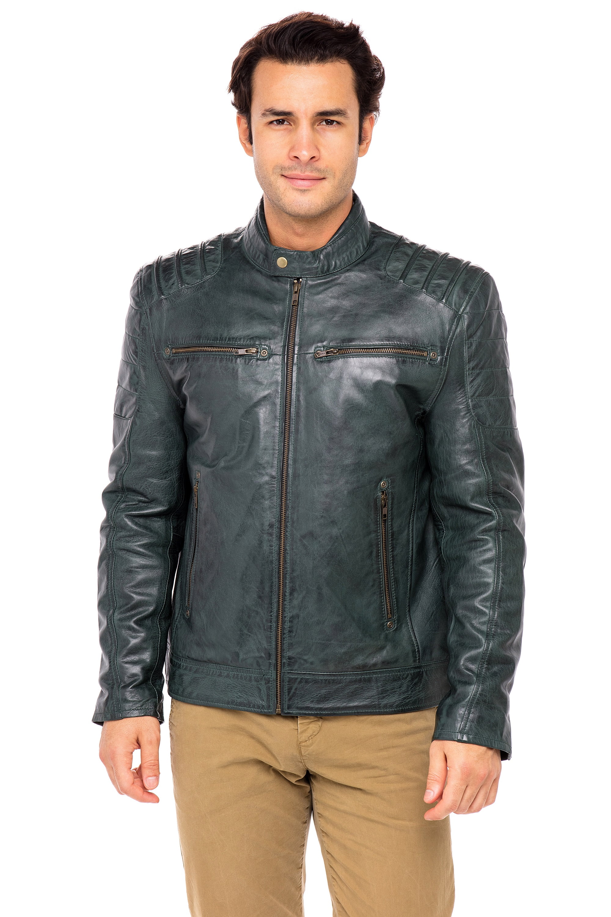 Skylinewears Mens Motorbike Leather Jacket 100% Genuine Sheepskin on Sale Green-Char Size XL