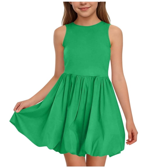 Fesfesfes Girls Solid Color Dress Summer Short Sleeve Sleeveless Ruffled Hem Princess Dress for Toddlers Kids Flowy Party Wear Toddler Girl Outfit Dress(Green#4,11-12 Years)