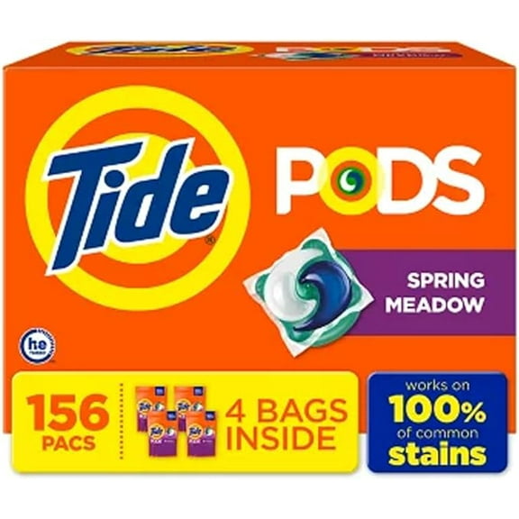 TIDE PODS Laundry Detergent Soap Pacs, Spring Meadow Scent, Powerful 3-in-1 Clean, HE Compatible, 156 Count (4 Bags)