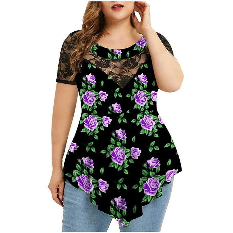 Summer Savings Clearance 2023! pbnbp Plus Size Tops for Women Summer Casual  Floral Lace Patchwork Crewneck Dressy Blouses High-low Hem Short Sleeve  Shirts 