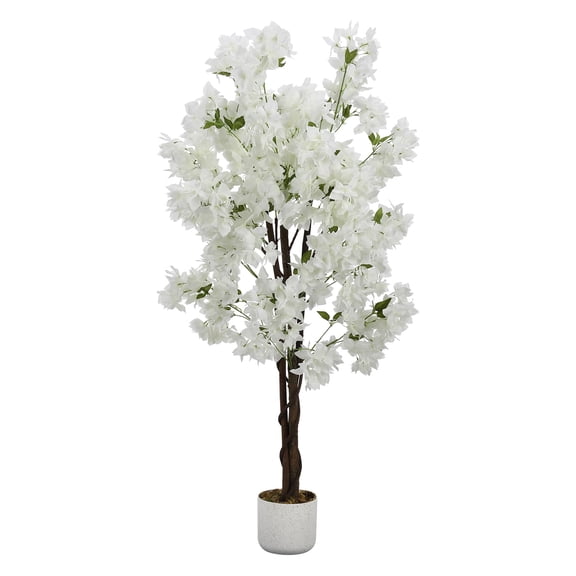 5FT Artificial Cherry Blossom Tree in Planter, Faux White Blossoms with Natural Wood Trunk, Indoor Outdoor Decor for Home Office Garden Wedding