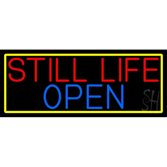 Still Life Open With Yellow Border LED Neon Sign 13 x 32 - inches, Clear Edge Cut Acrylic Backing, with Dimmer - Bright and Premium built indoor LED Neon Sign for art gallery, and exhibition.