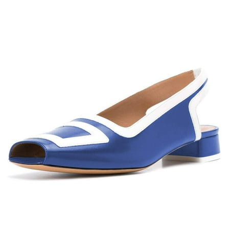YDN Women Fashion Square Open Toe Low Block Heel Slide Pumps Loafers Slingback Slip On Sandal Office Ladies Dress Casual Summer Shoes Size 15 Blue