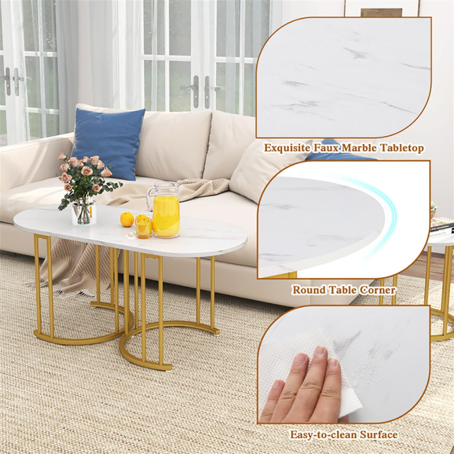 Demi Bonn Coffee Table Set of 3, Powder-coated Gold Metal Frame Dining Center Tables with Faux Marble Tabletop for Living Room, Bedroom, Office and Balcony, White