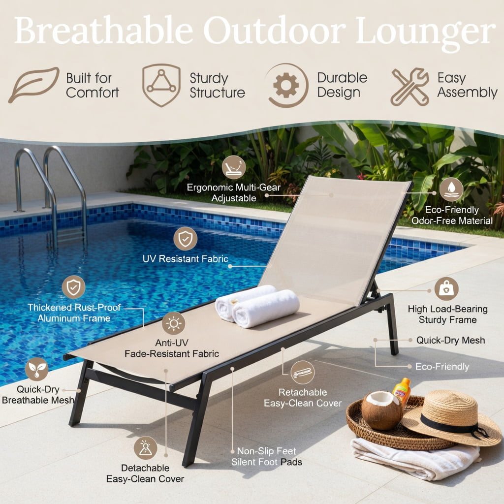 Hommoo 6-Position Adjustable Outdoor Chaise Lounge Chair, Rustproof Steel Frame, Quick-Drying Fabric, Brown