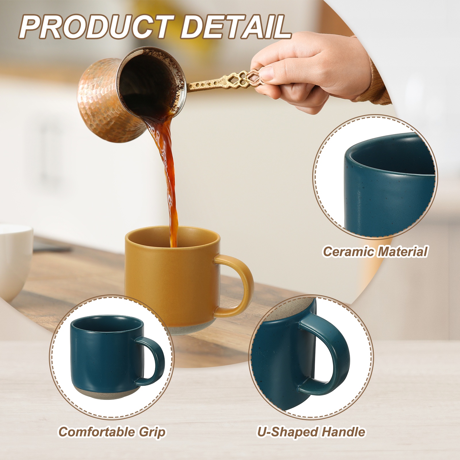 Uxcell Handmade Vintage Espresso Cups, 12 oz Ceramic Coffee Mug Stoneware Tea Cup with Handle Dishwasher and Microwave Safe for Latte Cappuccino Milk Office Home Gifts, Blue