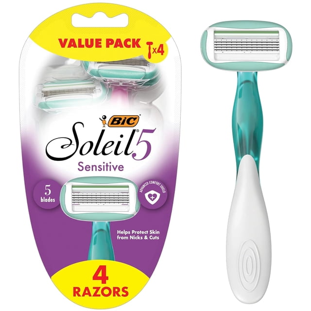 BIC Soleil 5 Sensitive Rasoirs Jetables à 5 Lames pour Femmes, Bandes Hydratantes et Tête Pivotante pour des Rasages d'Été Doux, Lot de 4