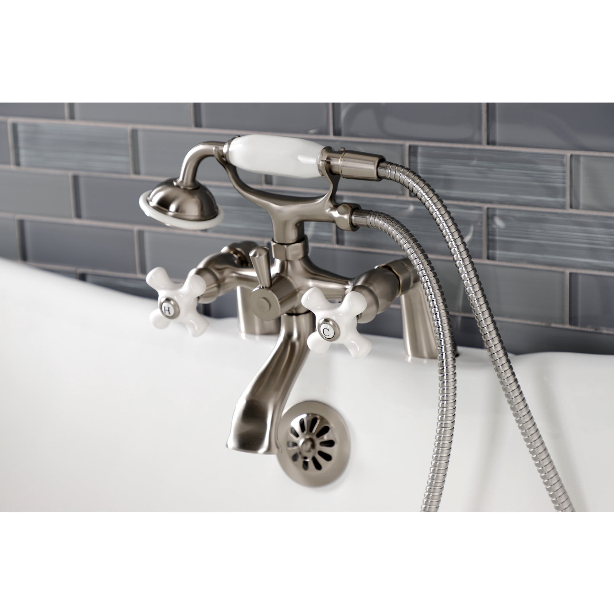 Kingston Brass KS267PXSN Kingston Three-Handle 2-Hole Deck-Mount Clawfoot Tub Faucet with Hand Shower in Brushed Nickel