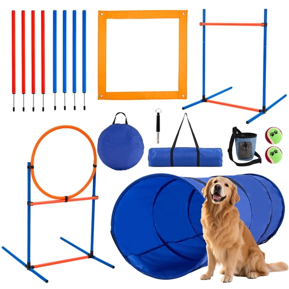 5 in 1 Dog Agility Equipment Set, Complete Training Kit with Tunnel Jump Hurdle Ring Weave Poles Pause Box, Portable Plastic Pet Obstacle Gear