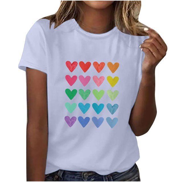 Diufon Hauts de la Saint-Valentin pour Femmes Décontracté Manches Courtes Col Rond Chandail Chemise Imprimé Graphique Mignon Tendance