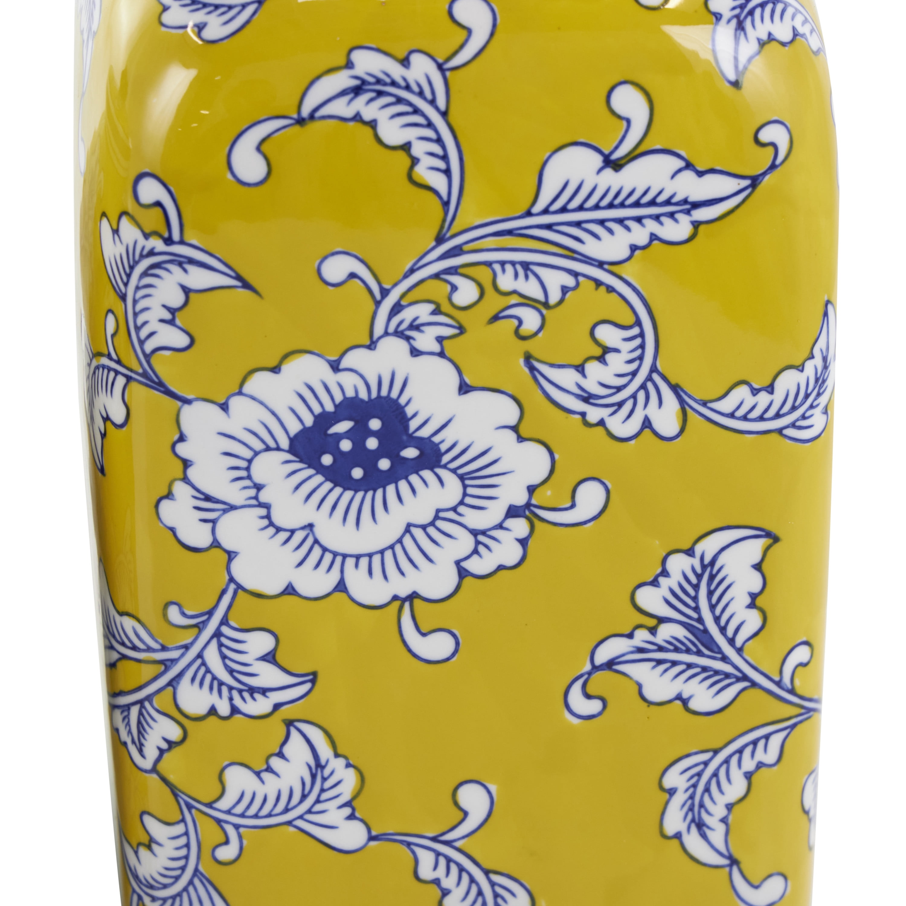 DecMode 10", 12"H Yellow Ceramic Floral Decorative Jars with Blue and White Accents, 2-Pieces