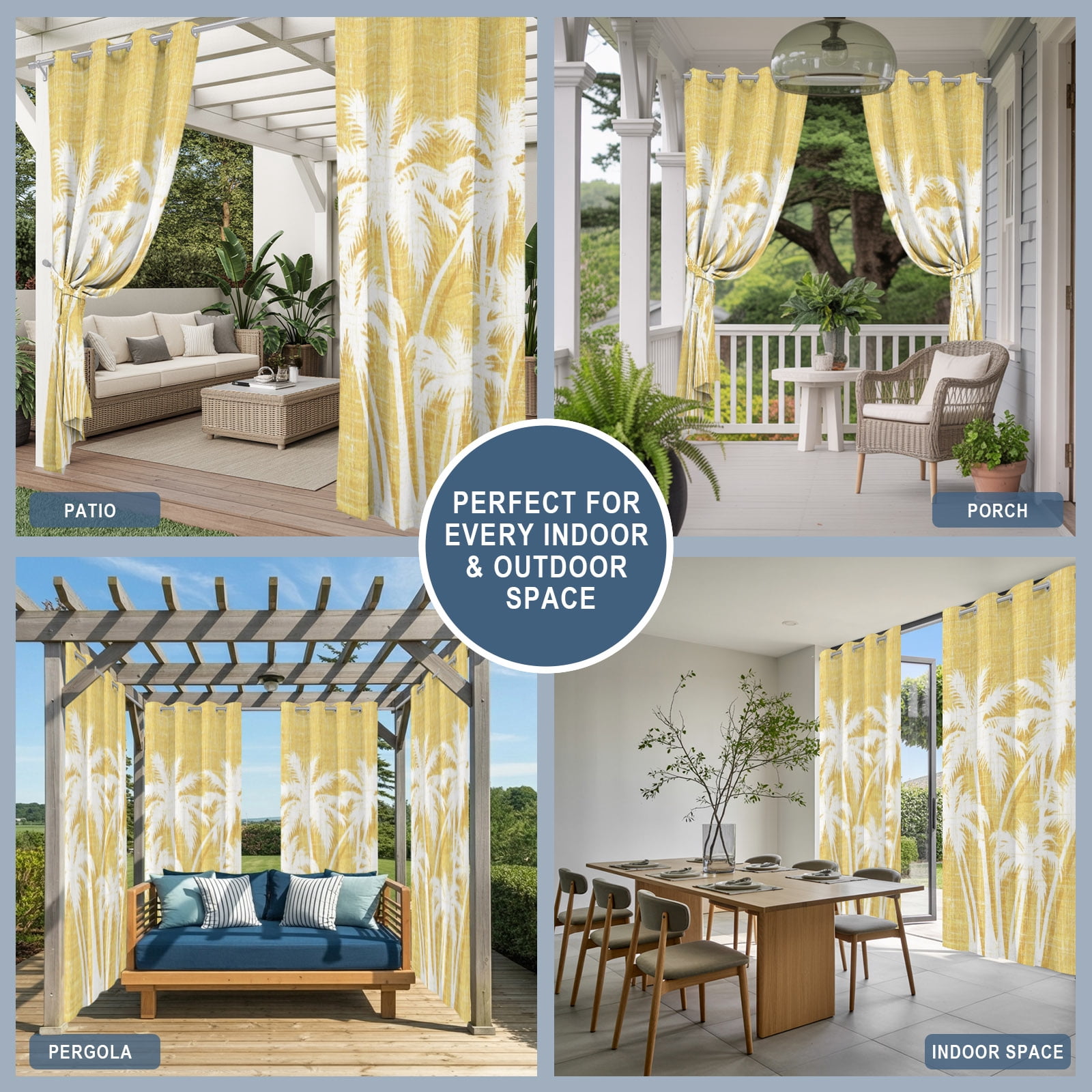 Palm Tree Outdoor Curtains for Patio, Tropical Plant Coastal Summer Yellow Sunshade Privacy Drapes Grommet Waterproof Outside Curtains for Porch/Cabana/Balcony 54"x 108", 1 Panel