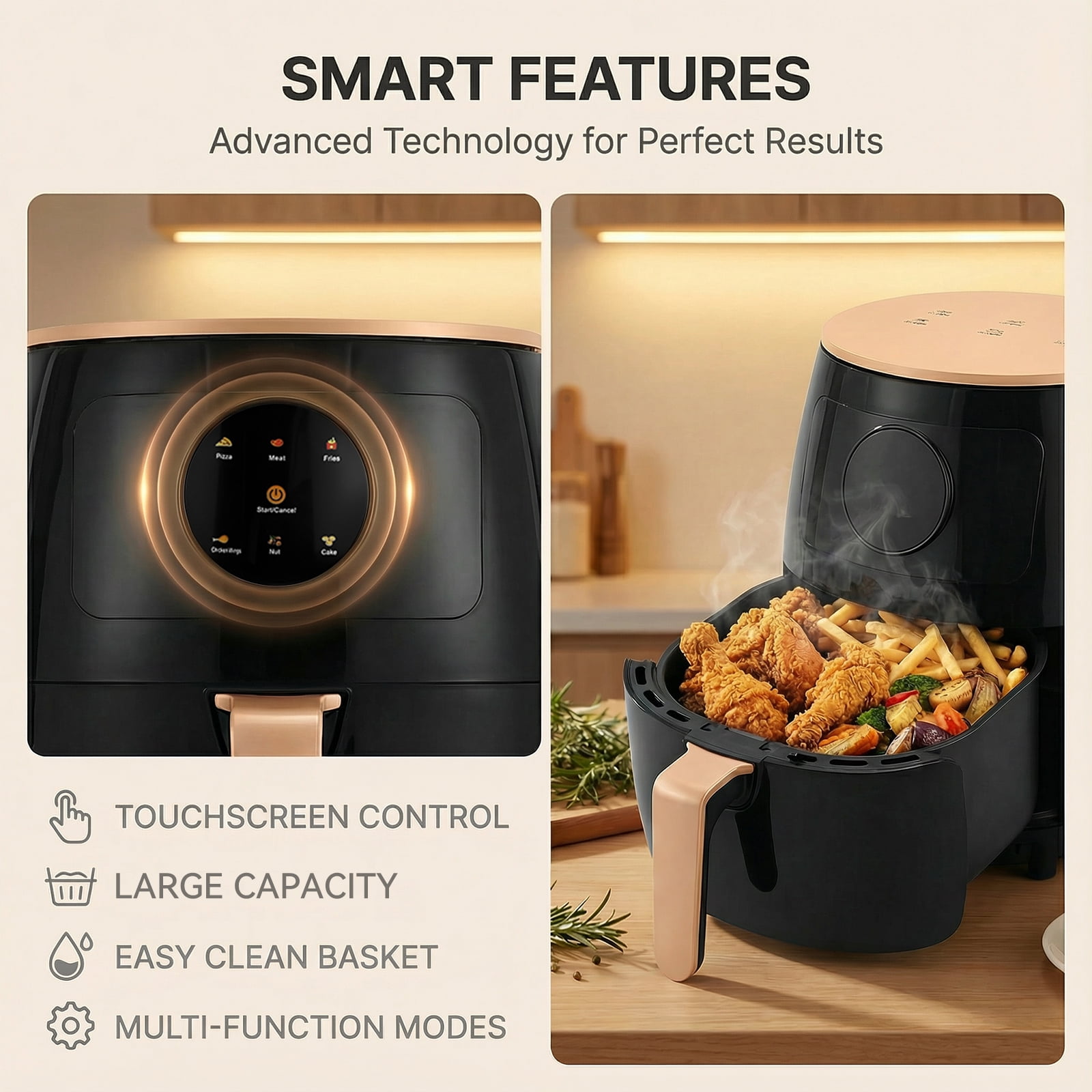 Air Fryer 5L , adjustable temperature up to 200°C, 0-60-minute timer, 7 preset menus, oil-free cooking, and 1350W power, ideal for families of 3-5 people.