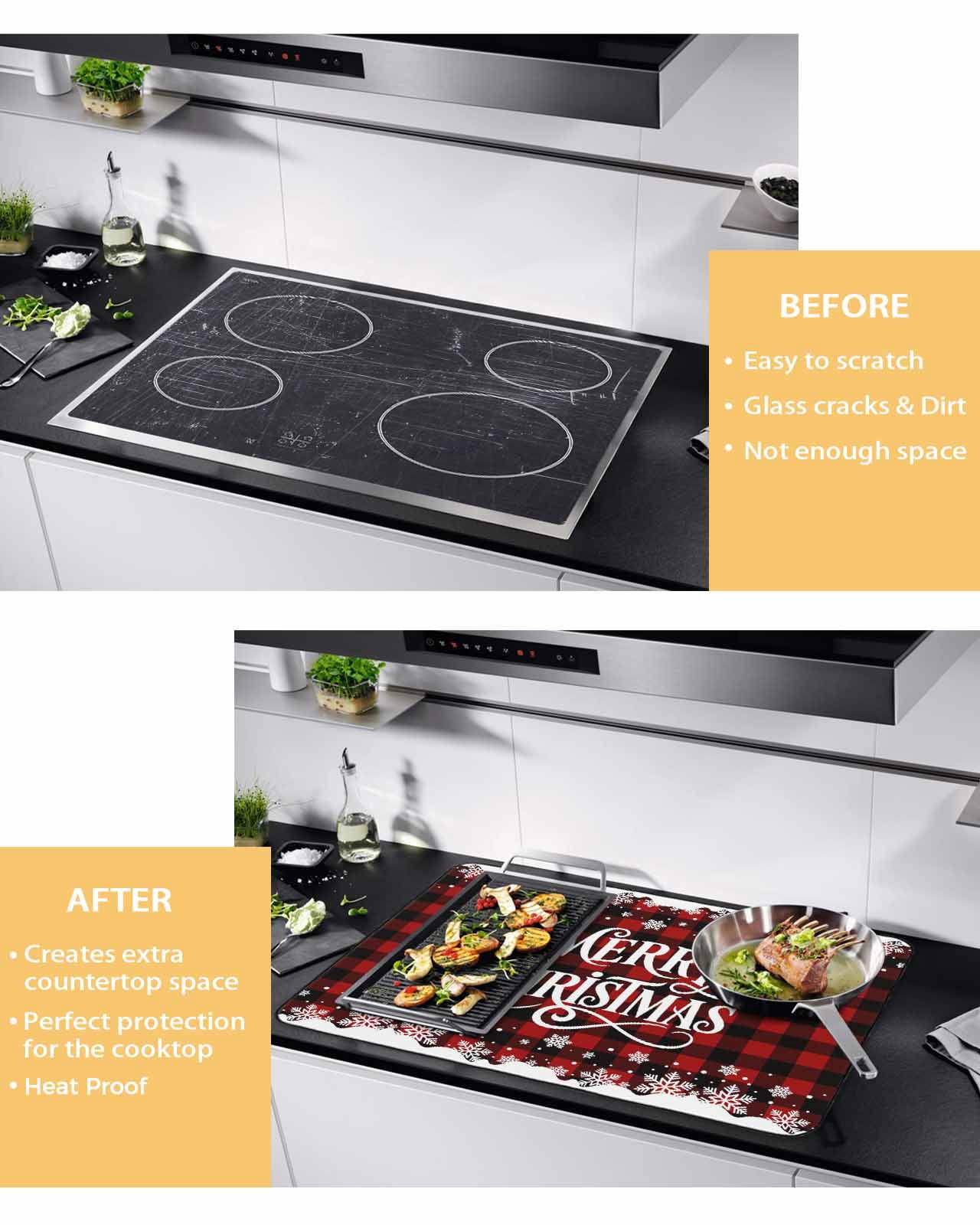 Large Induction Cooktop Protector Mat Christmas Stove Top Covers for Electric Stove, Xmas Red Black Buffalo Plaid Winter Snowflakes Decorative Stove Burner Cover Mats, Glass Top Stove Cover
