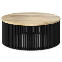 Simpli Home Demy 35 inch Wide Round Industrial Contemporary Coffee Table in Natural, Black, Fully Assembled