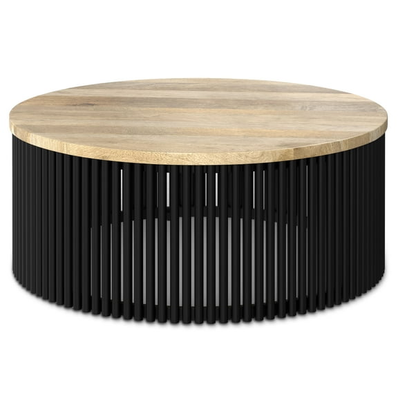 Simpli Home Demy 35 inch Wide Round Industrial Contemporary Coffee Table in Natural, Black, Fully Assembled