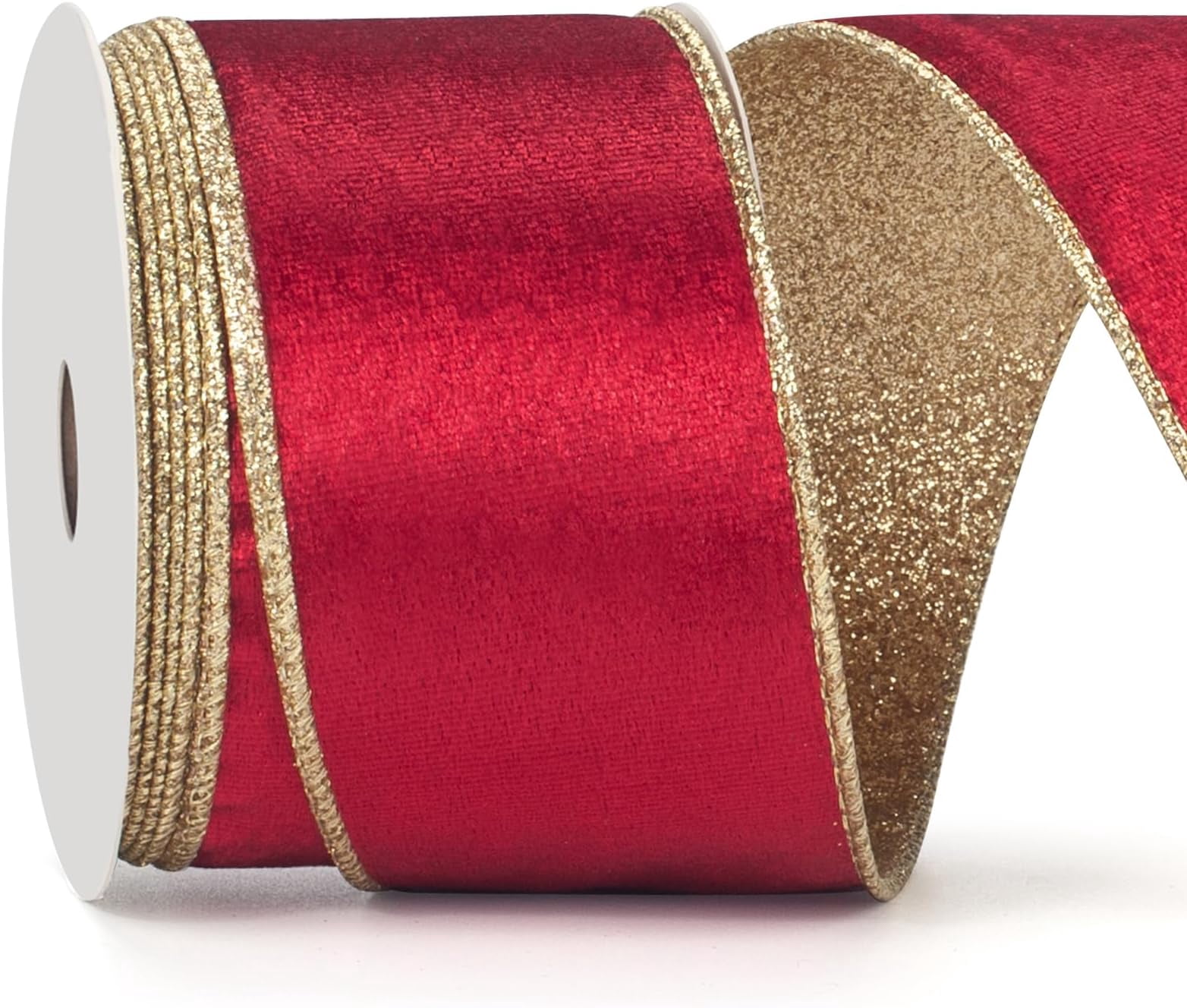 RuiJiao 2.5in Red Velvet Wired Christmas Wired Ribbon with Gold Backside, Red and Gold Christmas Ribbon for Tree Decorations, Wreaths, Crafts, Home Decor, Gift Wrapping