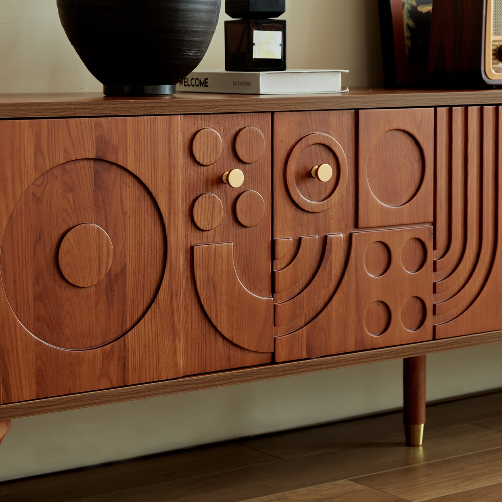 siu want Modern TV Stand for 75 inch TV, 66.9" Retro Media Console with Carved Geometric Doors & 4 Cabinets, Walnut Entertainment Center​