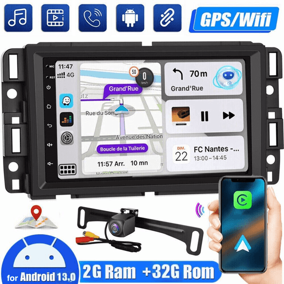 HUOEPU Android 13 Car Stereo for Chevrolet Silverado/GMC Sierra 2007-2018, 7" IPS Touchscreen Screen Car Radio with Carplay & Android Auto Support Backup Camera GPS FM Navi BT SWC, 2 32G