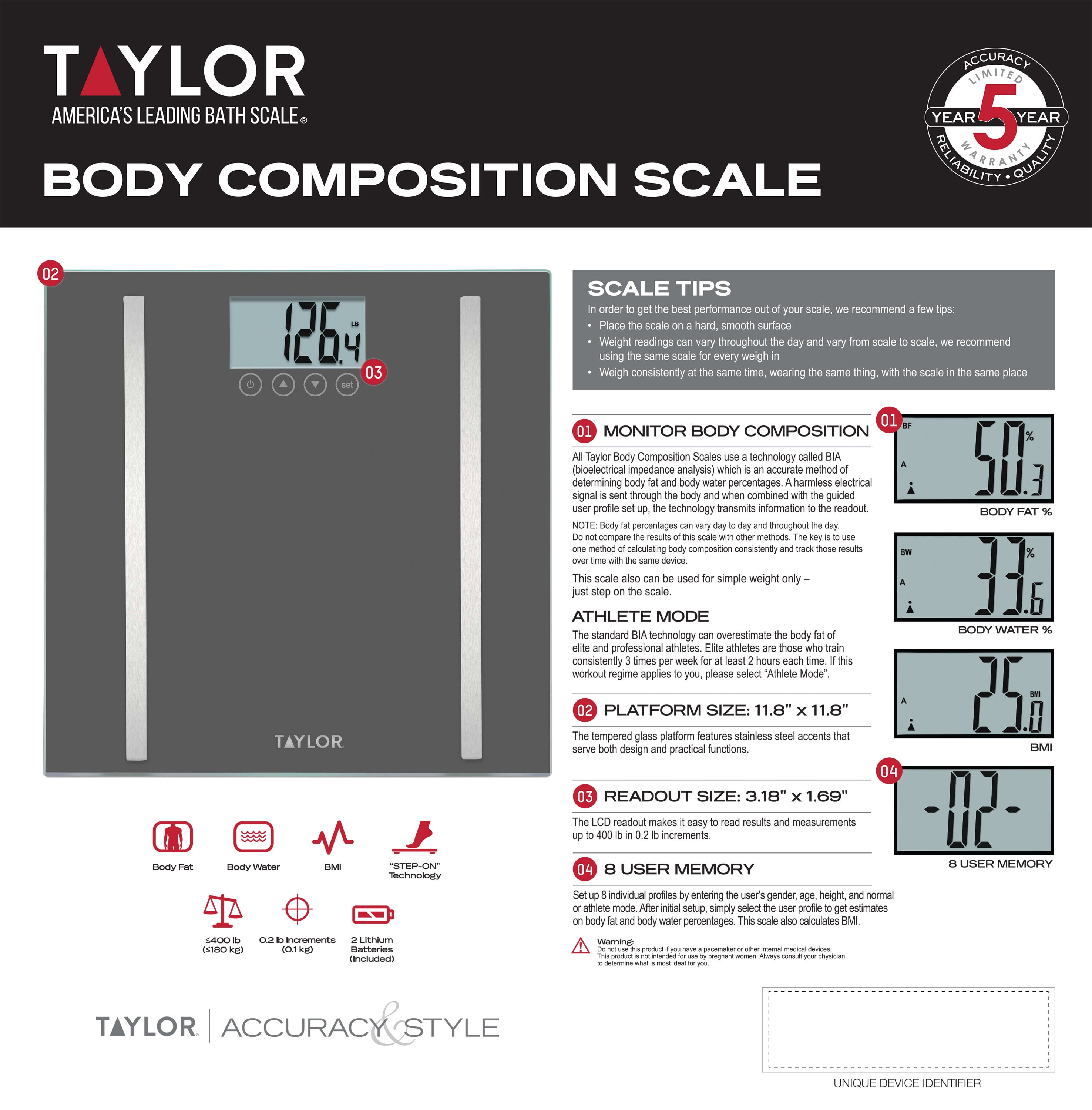 Taylor Precision Products 5273275 Body Composition Scale with Body Fat and Body Water Functions, 330-Lb. Capacity