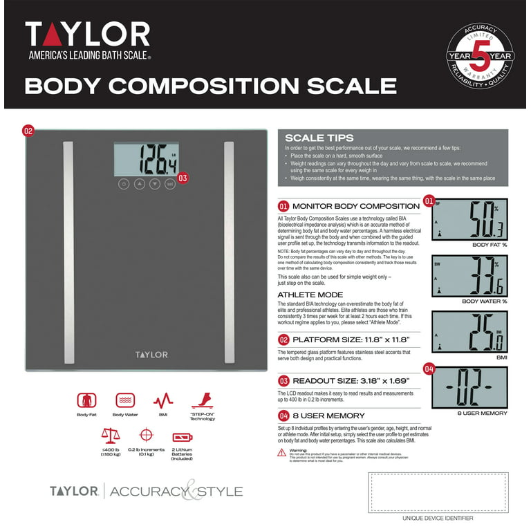 Taylor Bluetooth Smart Body Composition Scale for Body Weight, Body Fat,  Water, Muscle and Bone Mass, Weight Tracking, and BMI with Smartphone App,  400 lbs - Charcoal (5297054) - Yahoo Shopping