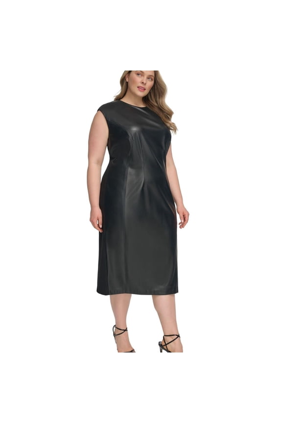 Womens Mix Media Sleeveless Shift Dress, Black, Plus Size, 22W