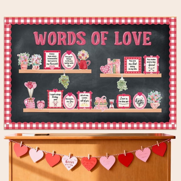 PYURTHITY Valentines Bookshelf Bulletin Board Set, Words of Valentines Classroom Decoration Library Bulletin Board, Pink Potted Plant Cutouts for School Chalkboard Window Door Wall Supply C113