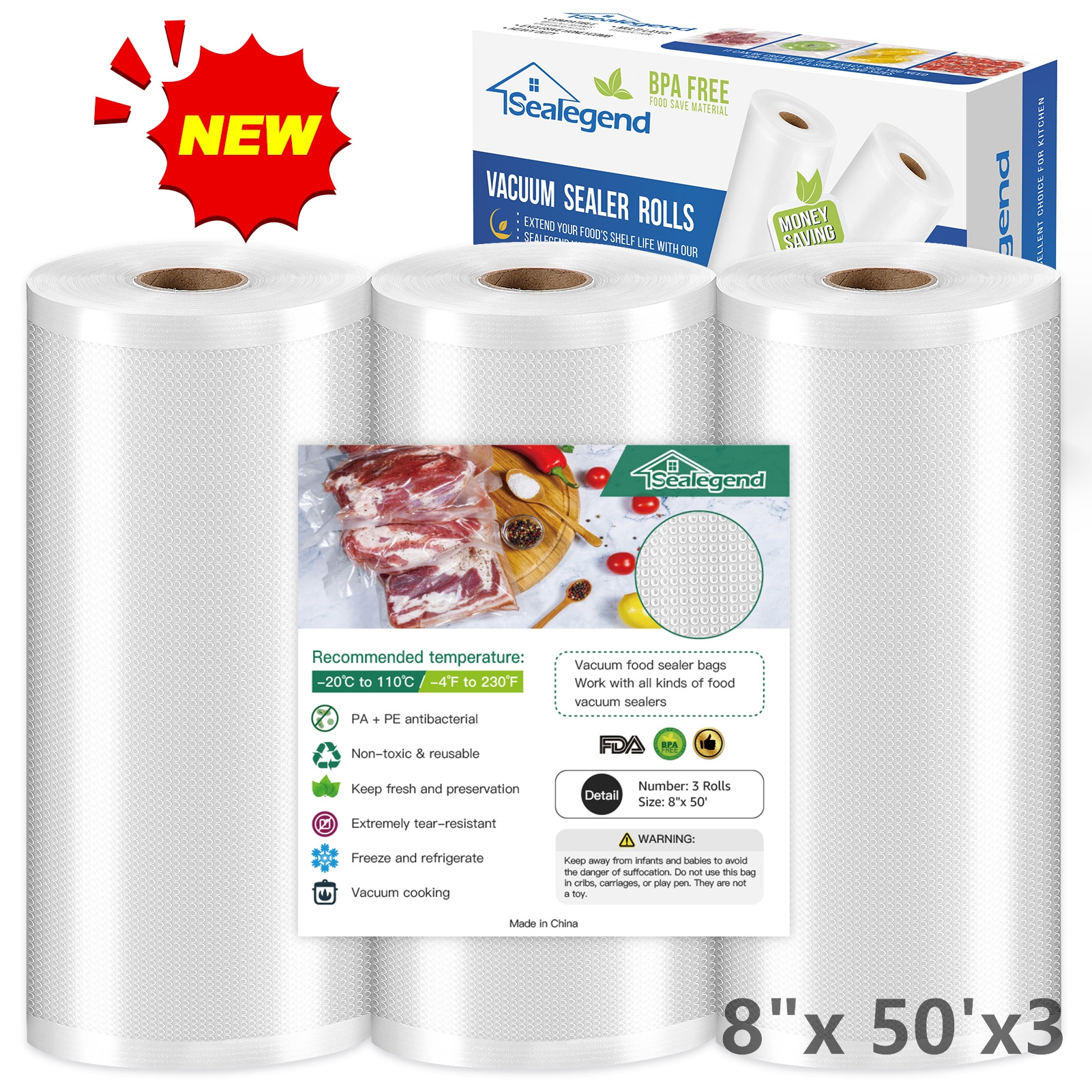 Sealegend Vacuum Sealer Bags For Food 8"x 50' 3 Rolls Food Saver Bags