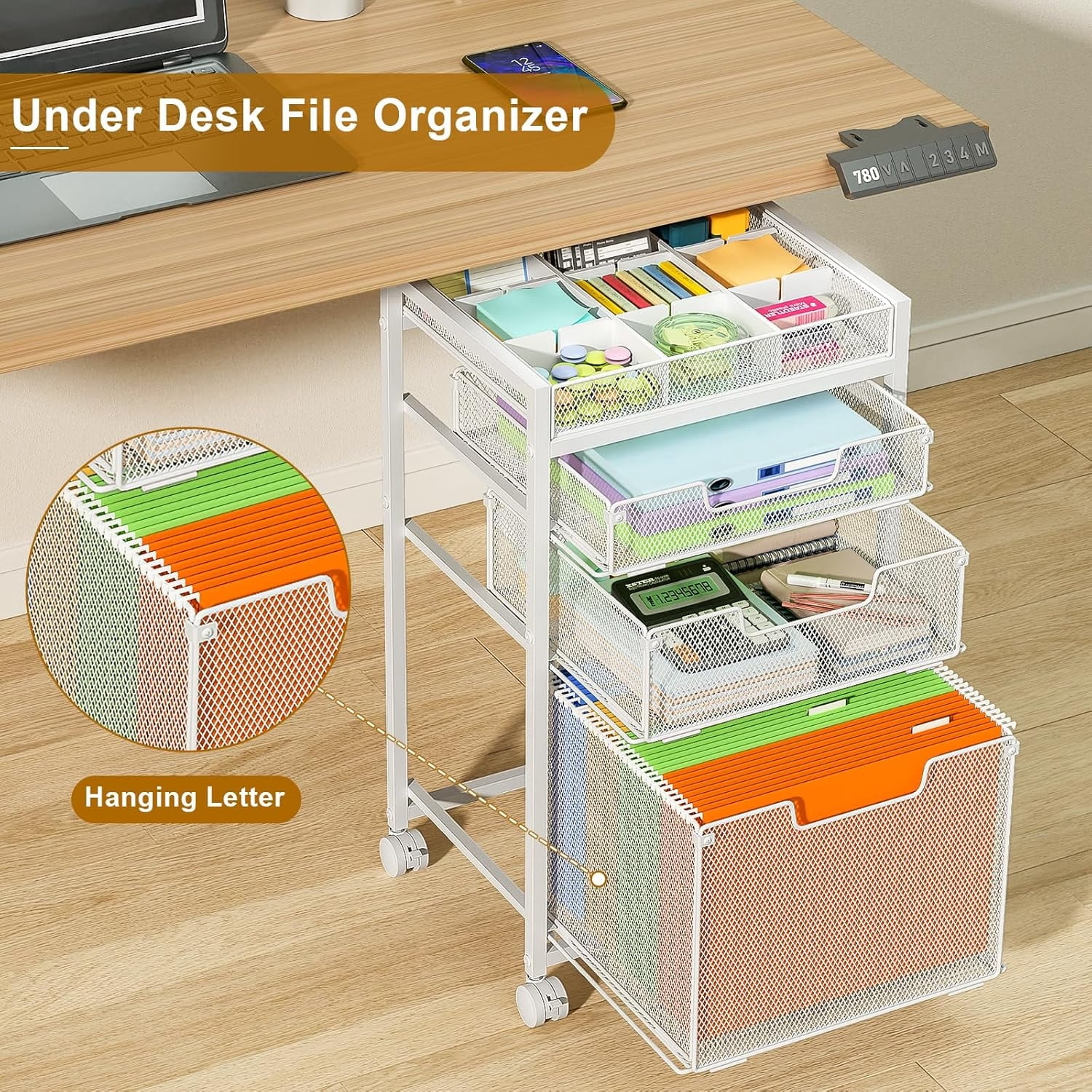 Rolling File Cart with 3 Storage Drawers, Under Desk Filing Cabinet with DIY Divider, Hanging File Folder Organizer on Wheels, Fits A4/Letter Size, Metal Utility Cart for Home Office