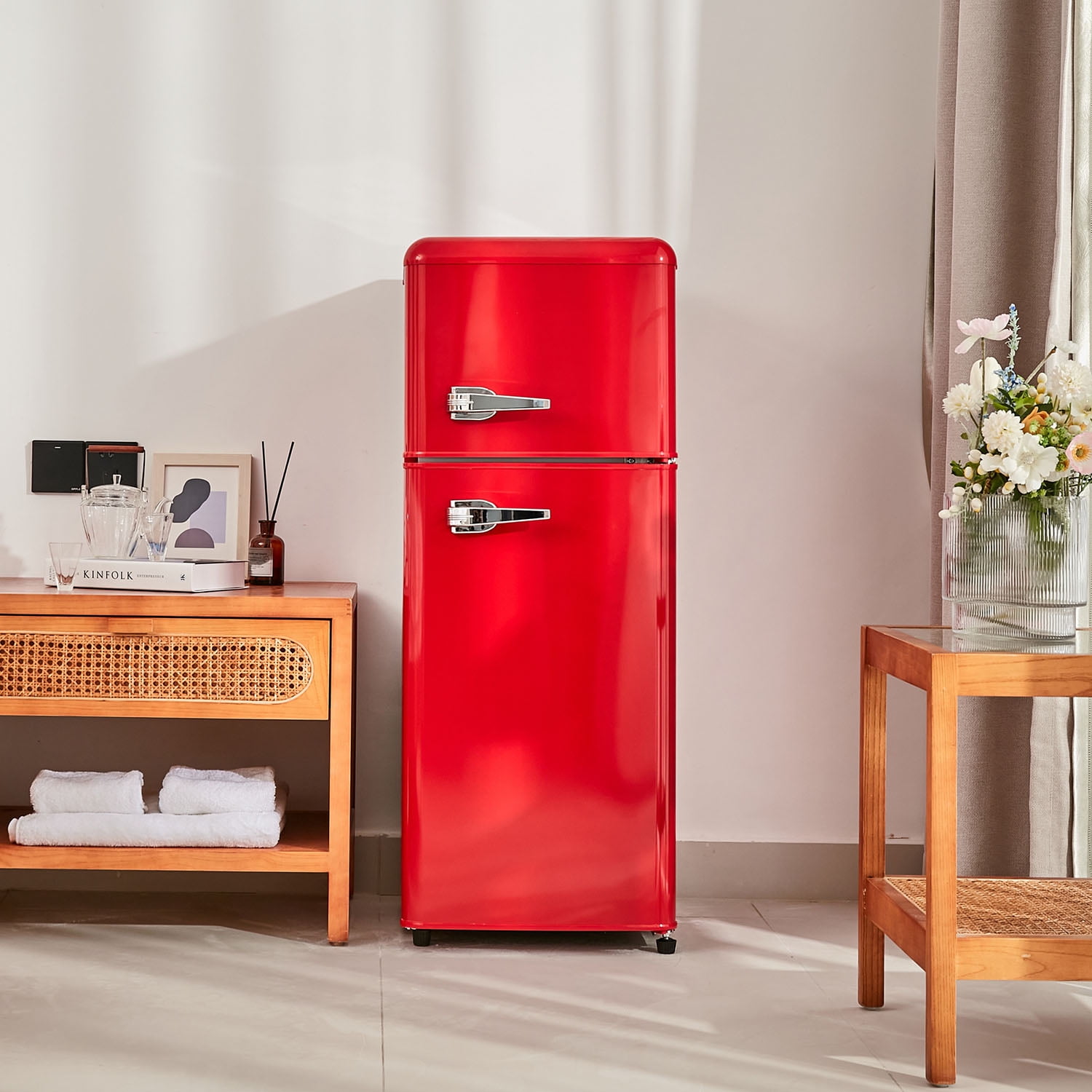 Spaco 4.5 cu. ft. Dual Zone Refrigerator, 3.3 Fridge + 1.2 cu. ft. 4-Star Freezer, 7 Temperature Settings, 45 dB, LED Lighting, Red Spaco 4.5 cu. ft. Dual Zone Refrigerator, 3.3 Fridge + 1.2 cu. ft. 4-Star Freezer, 7 Temperature Settings, 45 dB, LED Lighting, Red