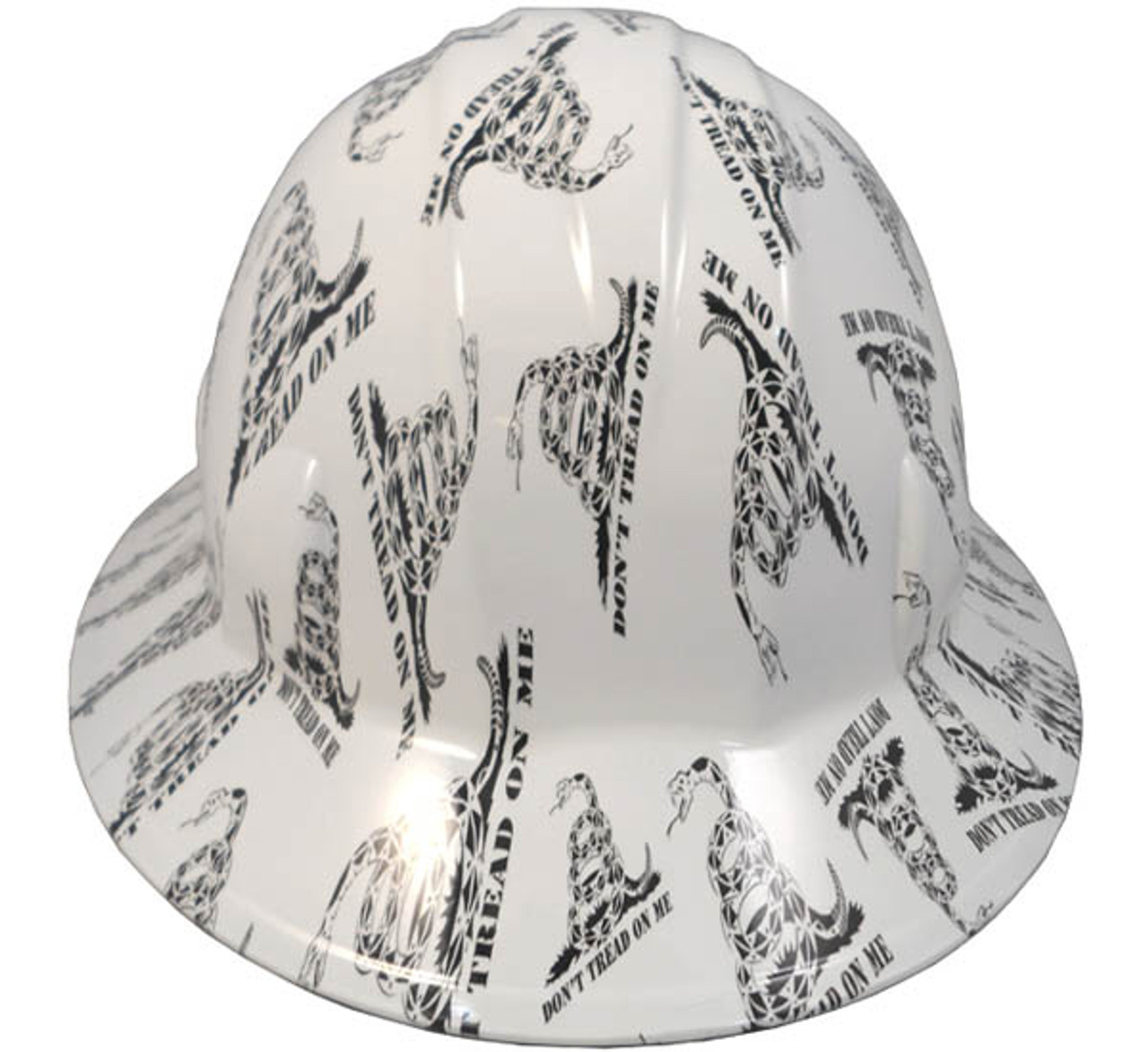 Don't Tread On Me White Hydro Dipped Hard Hats Full Brim Style with 4 Pt Suspension