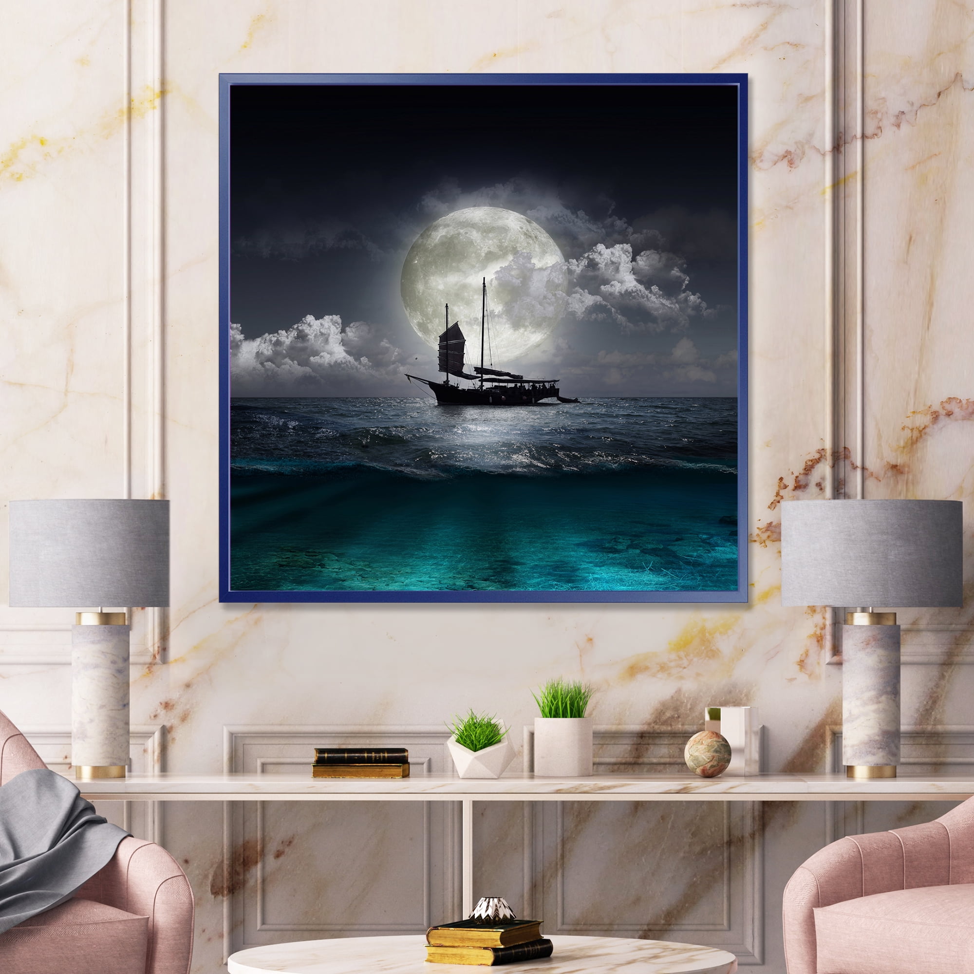 Designart 'The Lake During Full Moon With Fisher Boat' Nautical & Coastal Framed Canvas Wall Art Print