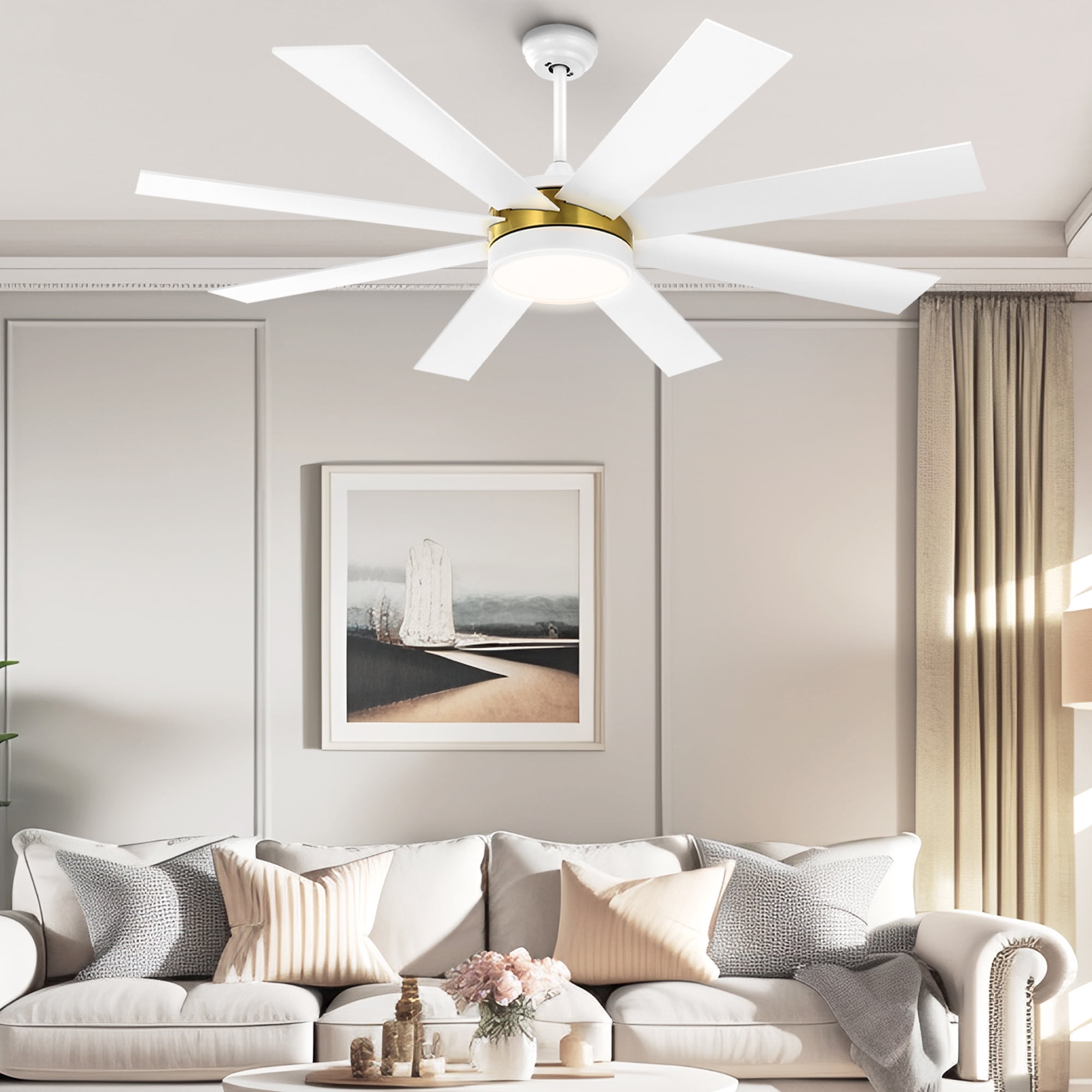 Dextrus 60 inch Modern Ceiling Fan with Light and Remote, DC Fanlight for Living room, Bedroom, 8 Blades, Reverse Airflow,6 Speeds, 3 Color Temperatures - White & Gold