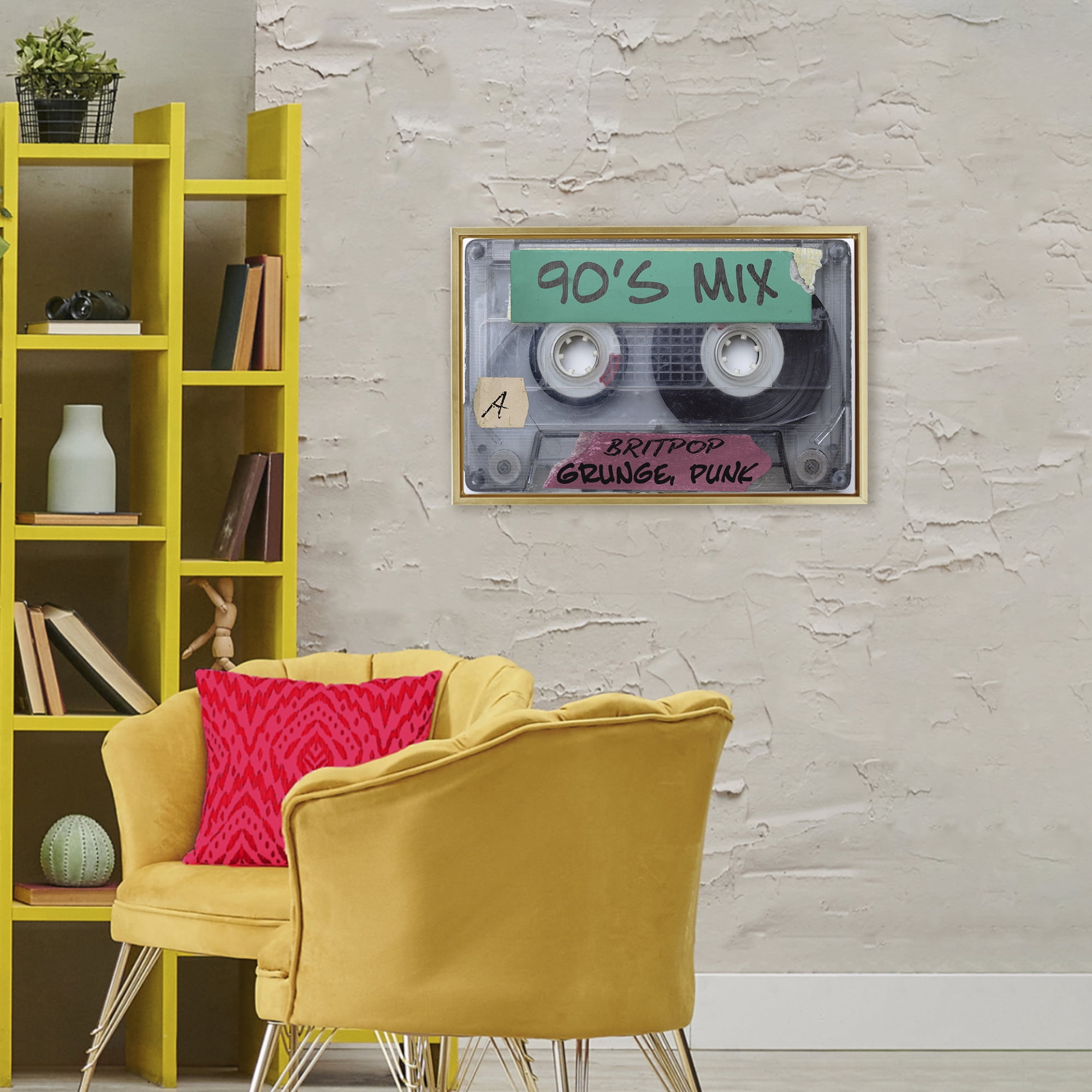 Stupell Industries Retro 90s Mix Cassette Gold Framed Floater Canvas Wall Art, design by Annabelle Hall