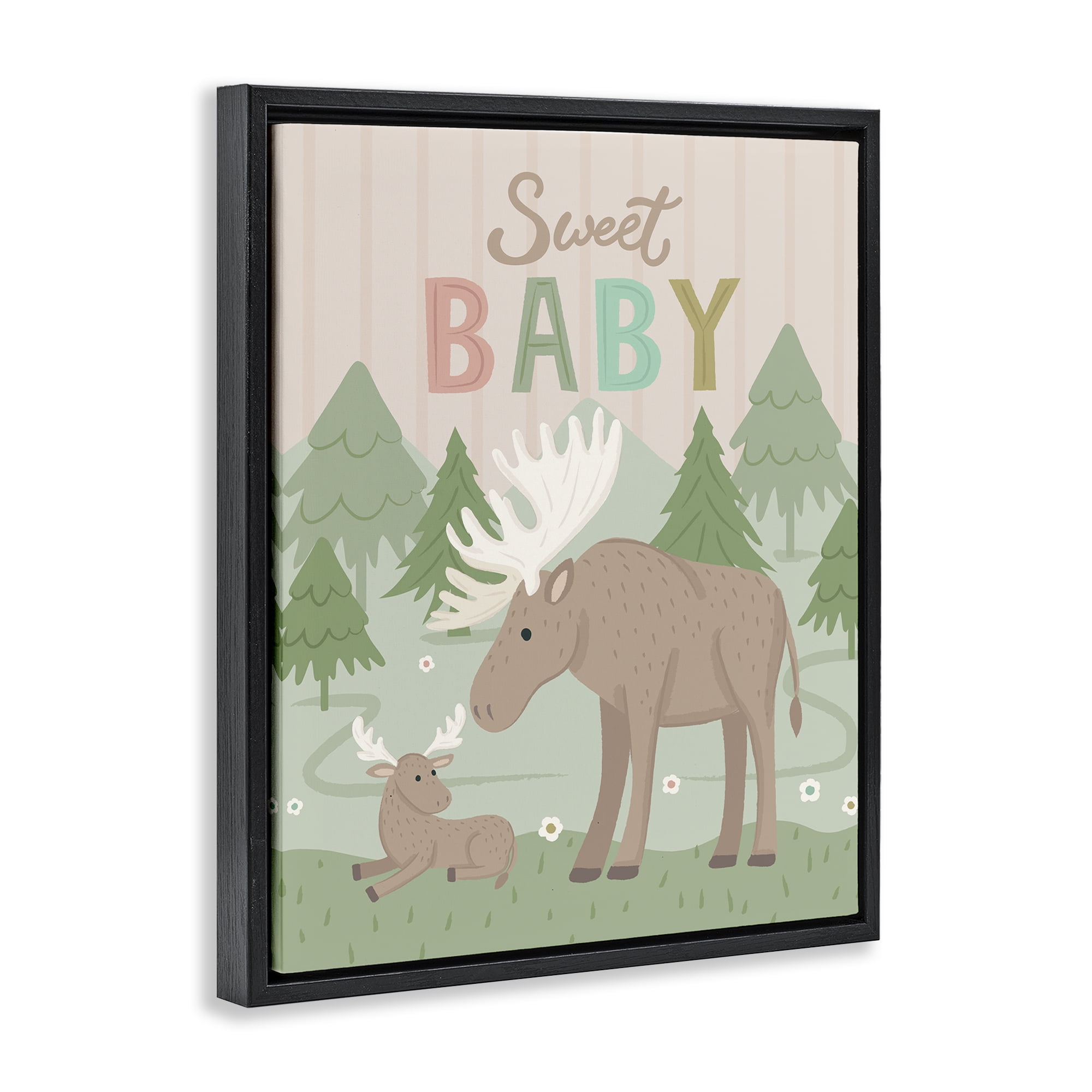Stupell Industries Sweet Baby Wild Moose Animals Painting Black Floater Framed Canvas Art Print Wall Art, 25 x 31