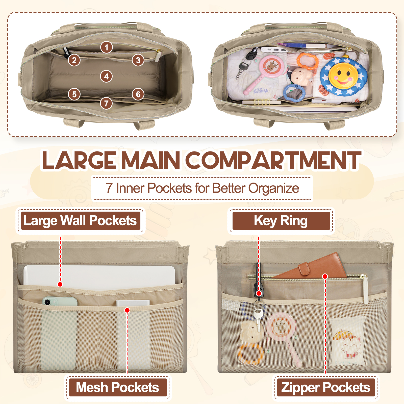 RAINSMORE Diaper Bag Tote, Large Diaper Baby Bag Waterproof Multifunctional Diaper Bag with Pacifier Case & Changing Pad