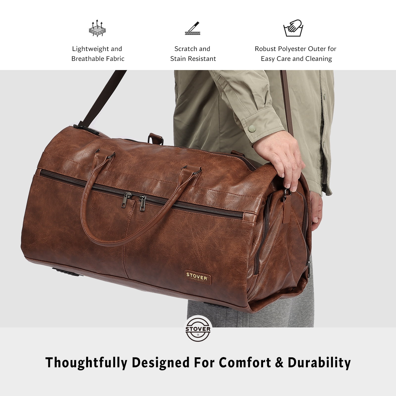 STOVER Garment Travel Duffle Bag, Large 2-in-1 Convertible Carry-on Luggage (Brown Leatherette)