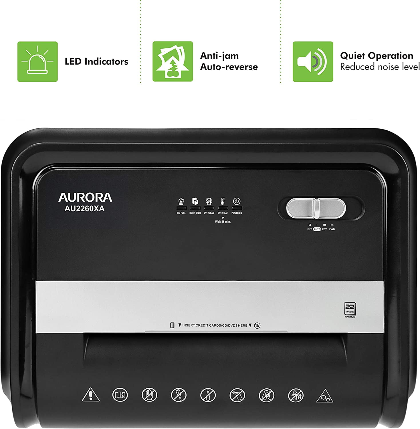 Aurora AU2260XA heavy duty anti-jam 22-sheet crosscut shredder/60 min run time/ 7-gallon pullout basket and casters