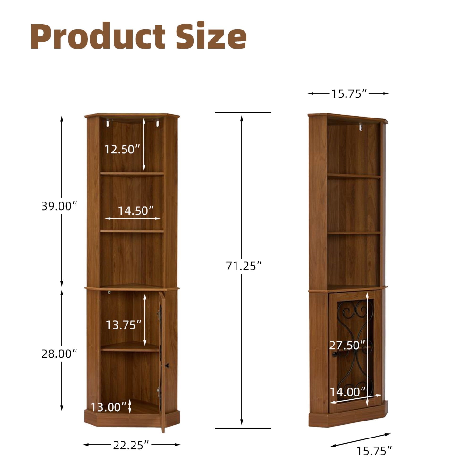 Leumius Tall Corner Bar Cabinet, Narrow Wood Liquor Cabinet with Open Shelves and Metal Mesh Door, Freestanding Corner Wine Storage Cabinet for Living Room, Dining Room Home Decor