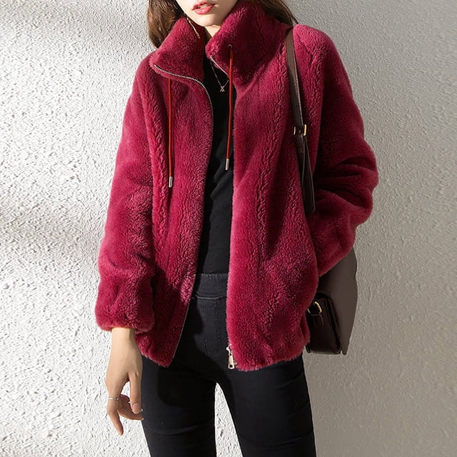 DPTALR Women's Plush And Thick Standing Collar Warm Cardigan Zipper Fleece Tops Sweater Jacket