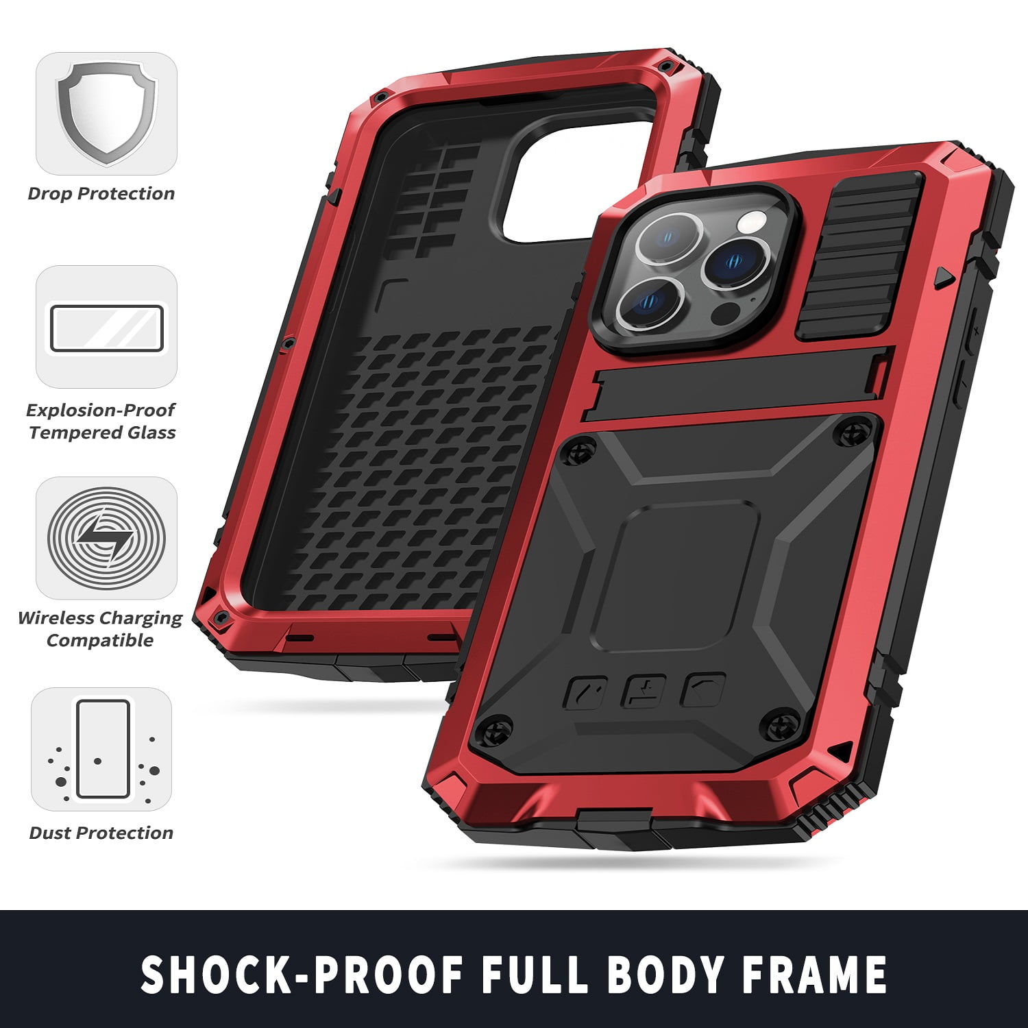 iPhone 14 Pro Max Rugged Full-Body Case, Metal Bumper Built-in Screen Protector&Kickstand,Dustproof and Drop-Proof,Full Body Protection Heavy Duty Rugged Military Cover For iPhone 14 Pro Max, Red