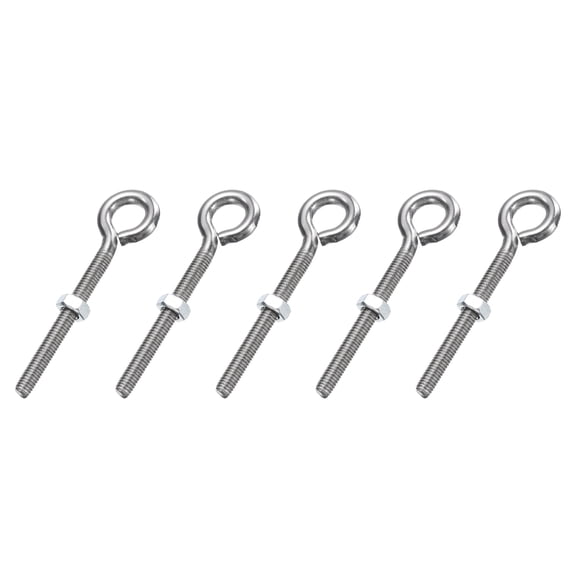 Uxcell 5 Pack Eye Bolts, M5 x 43mm 304 Stainless Steel Threaded EyeBolt Silver Eye Hooks with Nut for Hanging or Securing Cables
