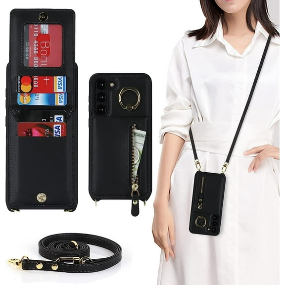 Samsung Galaxy S23 Plus 5G Phone Case for Women with Card Holder,Samsung S23 Plus Case Wallet Crossbody Lanyard with Strap,Credit Card Slots Kickstand Case with Ring Holder,6.6 Inch,Black