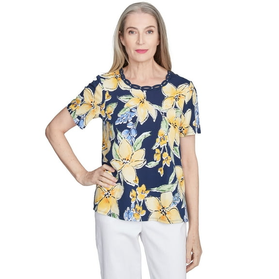 Alfred Dunner Womens Navy Floral Braided Crew Neck Top
