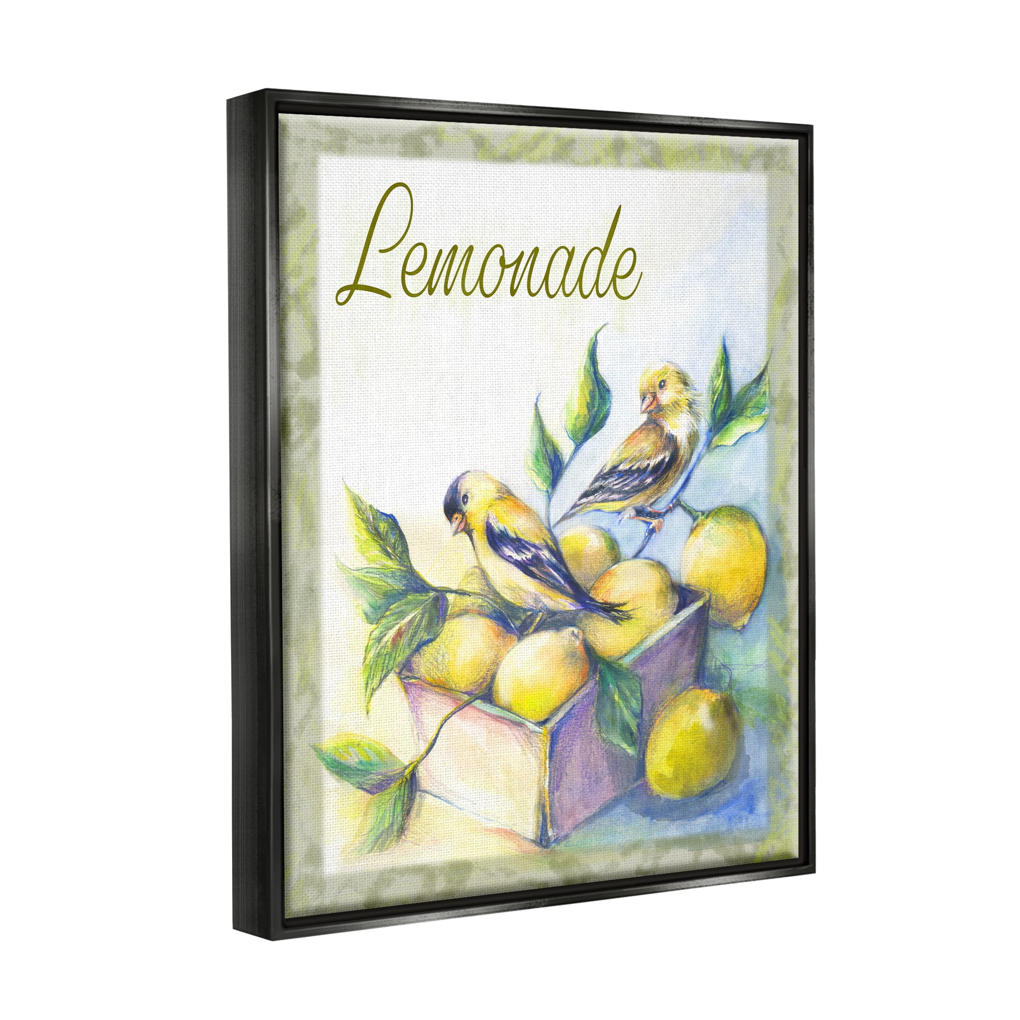 Stupell Industries Lemonade Phrase with Canaries Food & Beverage Painting Black Floater Framed Canvas Art Print Wall Art, 17 x 21