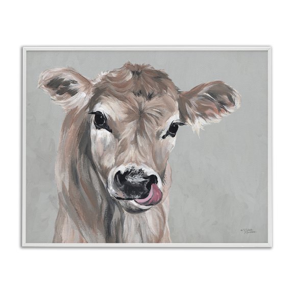 Stupell Industries Traditional Cute Baby Farm Cow Calf Licking Lips Portrait White Framed Giclee Art, 20 x 16, by Michele Norman